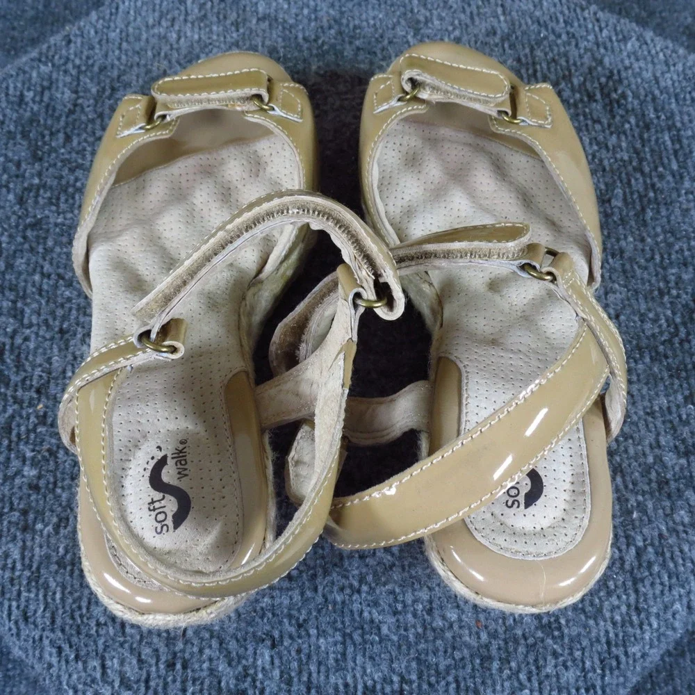 SoftWalk San Marino Womens Wedge Sandals 7.5 Wide Comfort Nude Patent‎ Leather